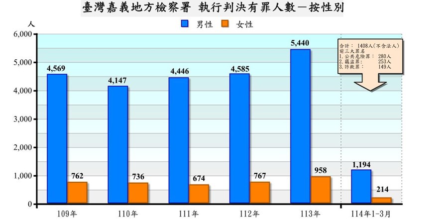 表2-2-2 臺灣嘉義地方檢察署執行判決有罪者罪名及性別統計