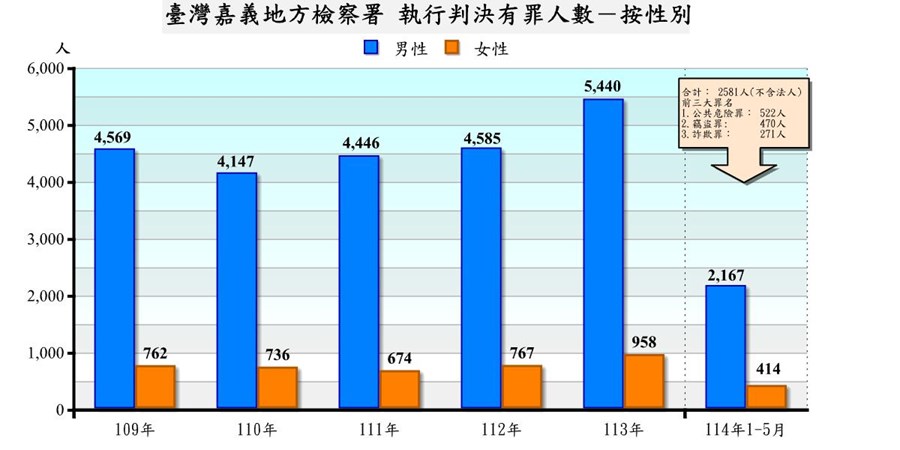 表2-2-2 臺灣嘉義地方檢察署執行判決有罪者罪名及性別統計