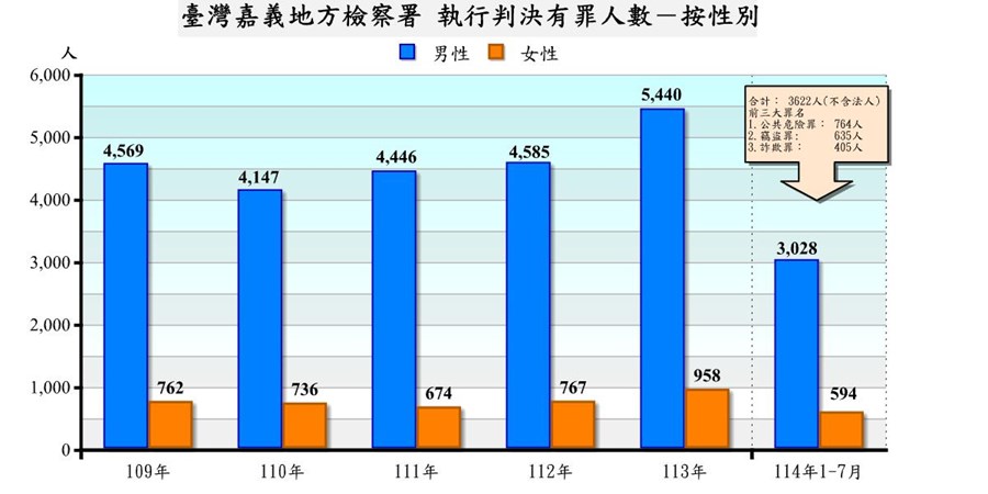 表2-2-2 臺灣嘉義地方檢察署執行判決有罪者罪名及性別統計