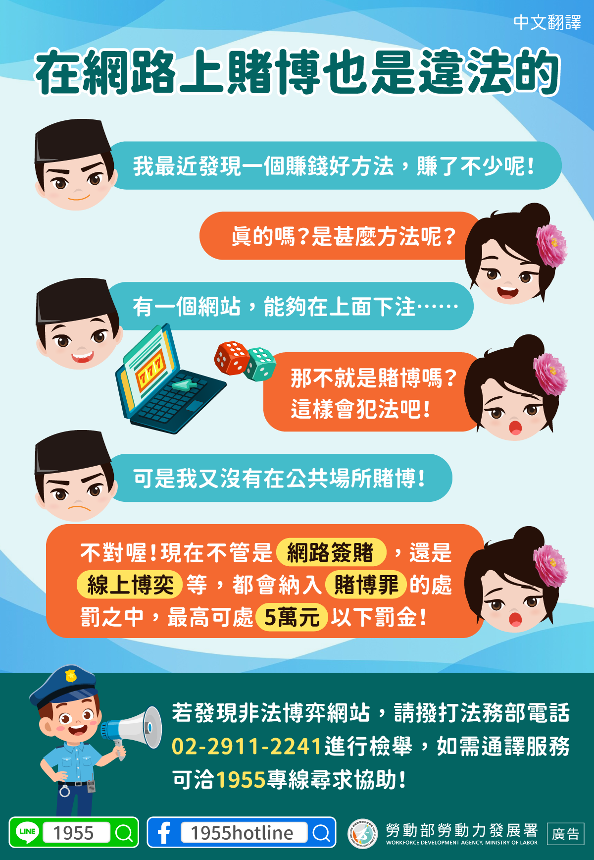 不論民眾是「實體賭博」或「線上賭博」,凡涉及賭博行為,最高可重罰5萬