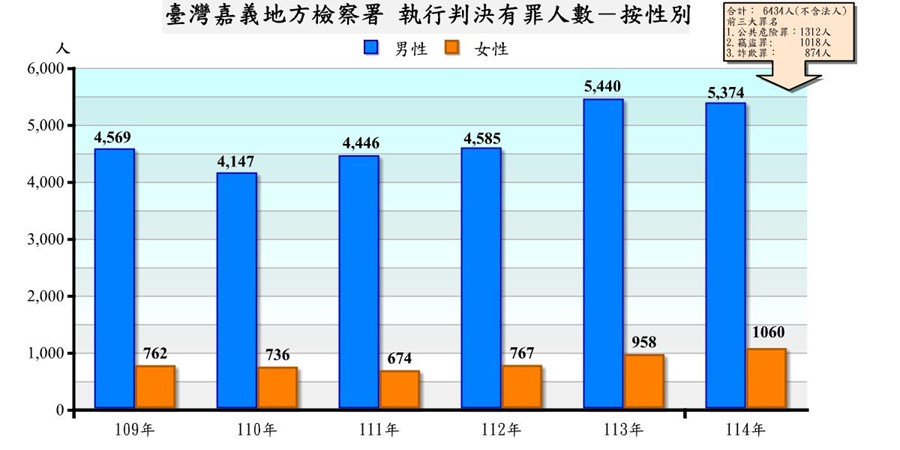 表2-2-2 臺灣嘉義地方檢察署執行判決有罪者罪名及性別統計