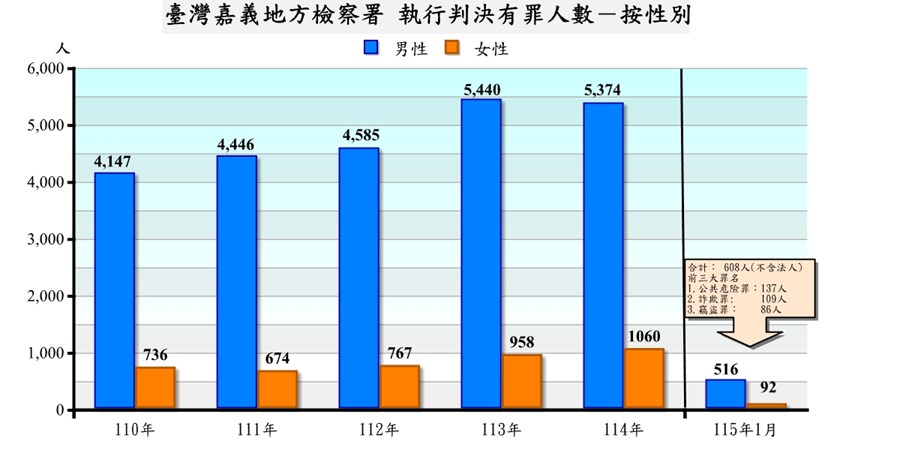 臺灣嘉義地方檢察署執行判決有罪者罪名及性別統計