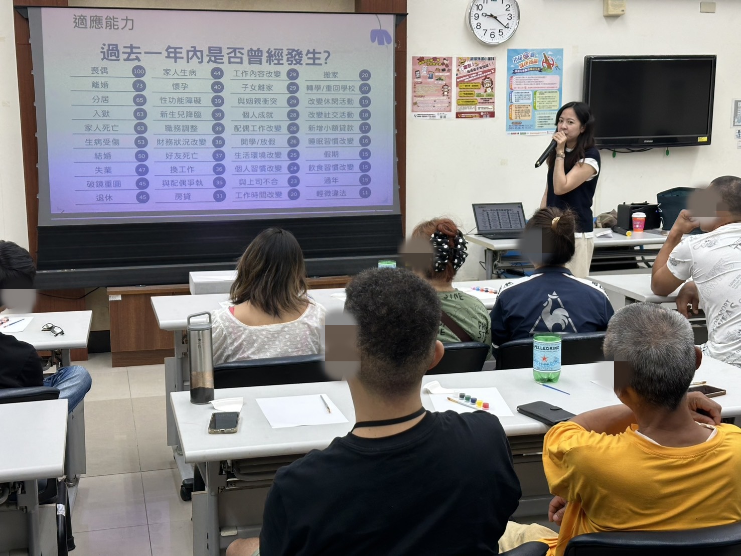 1.課程開始時，講師引導學員思考日常生活中的壓力來源，提升自我覺察能力