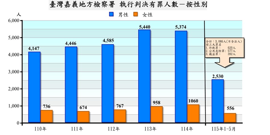 臺灣嘉義地方檢察署執行判決有罪者罪名及性別統計